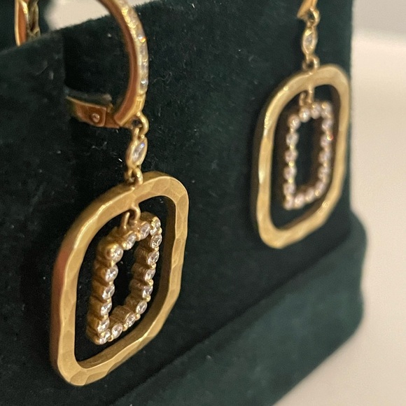 Spectacular 18K Hammered Gold & Diamond Rectangular Norman Covan Earrings - Picture 2 of 7